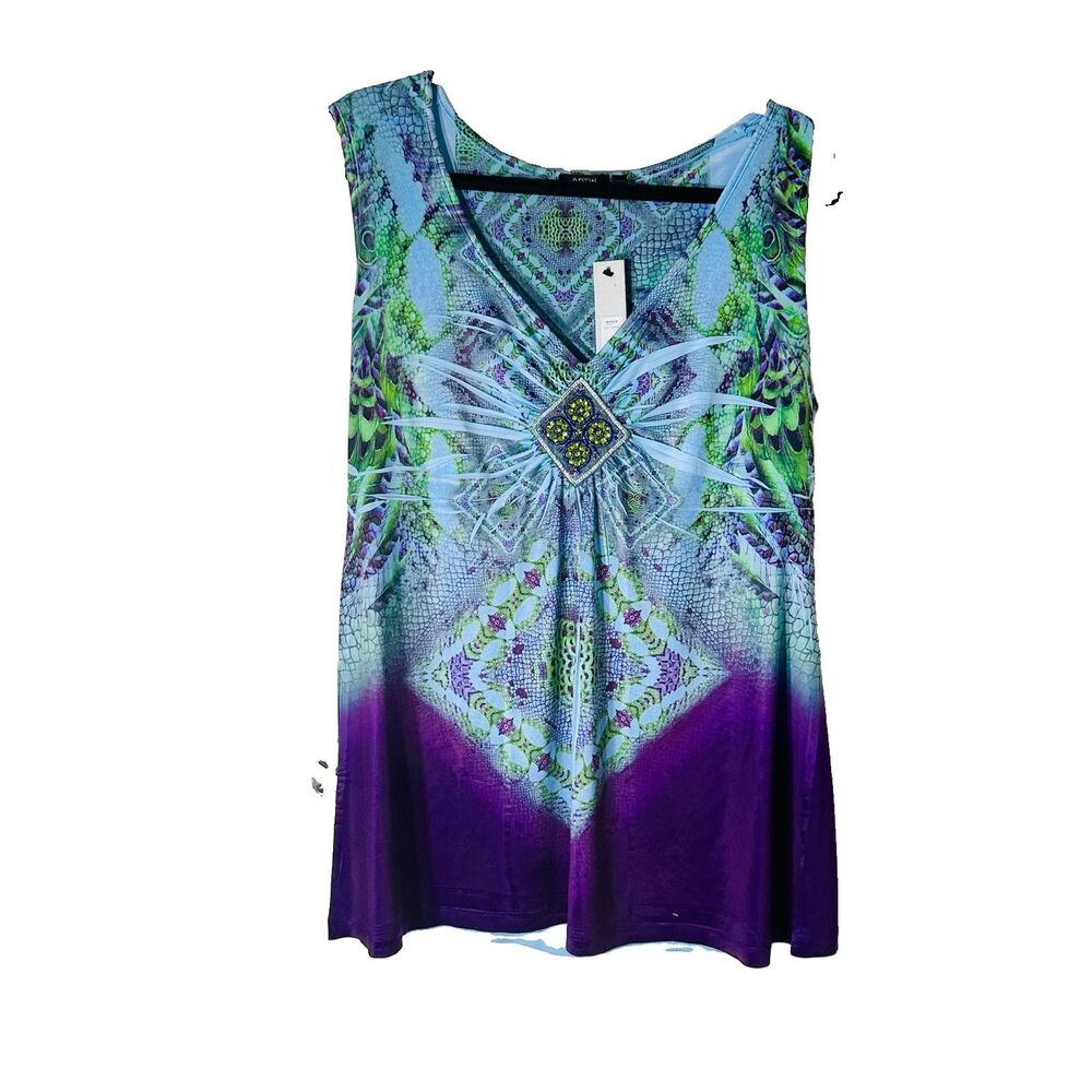 Y2K Apt 9 Tank Top Tunic Blouse Sz XL Purple blue Beaded Art To Wear Boho Fairy